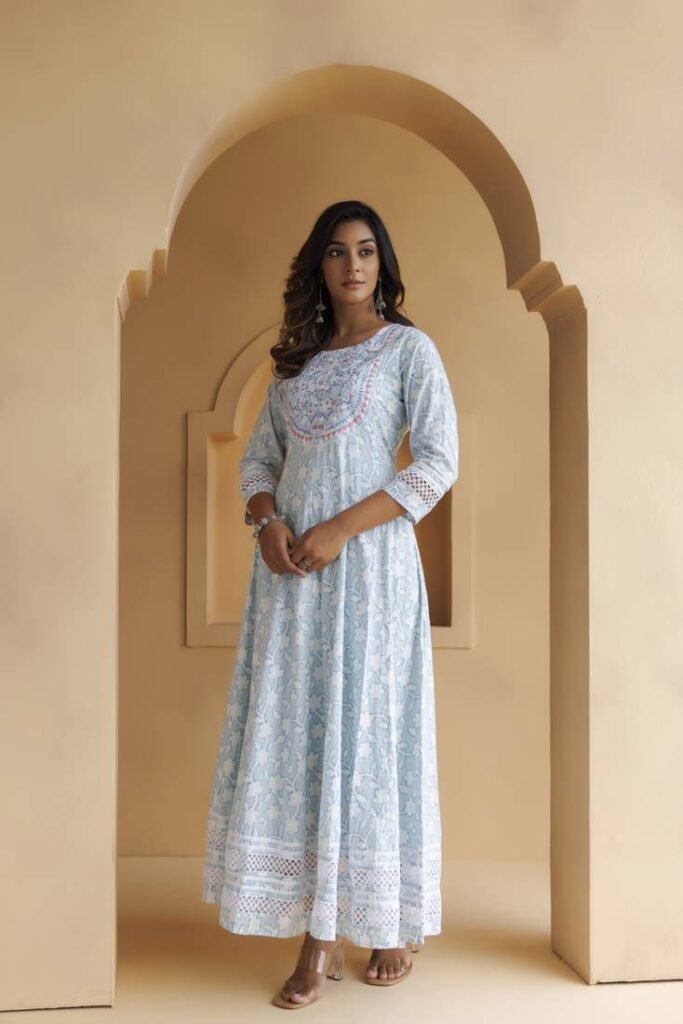 this light blue embroidered long dress, Western Wear In Tirur