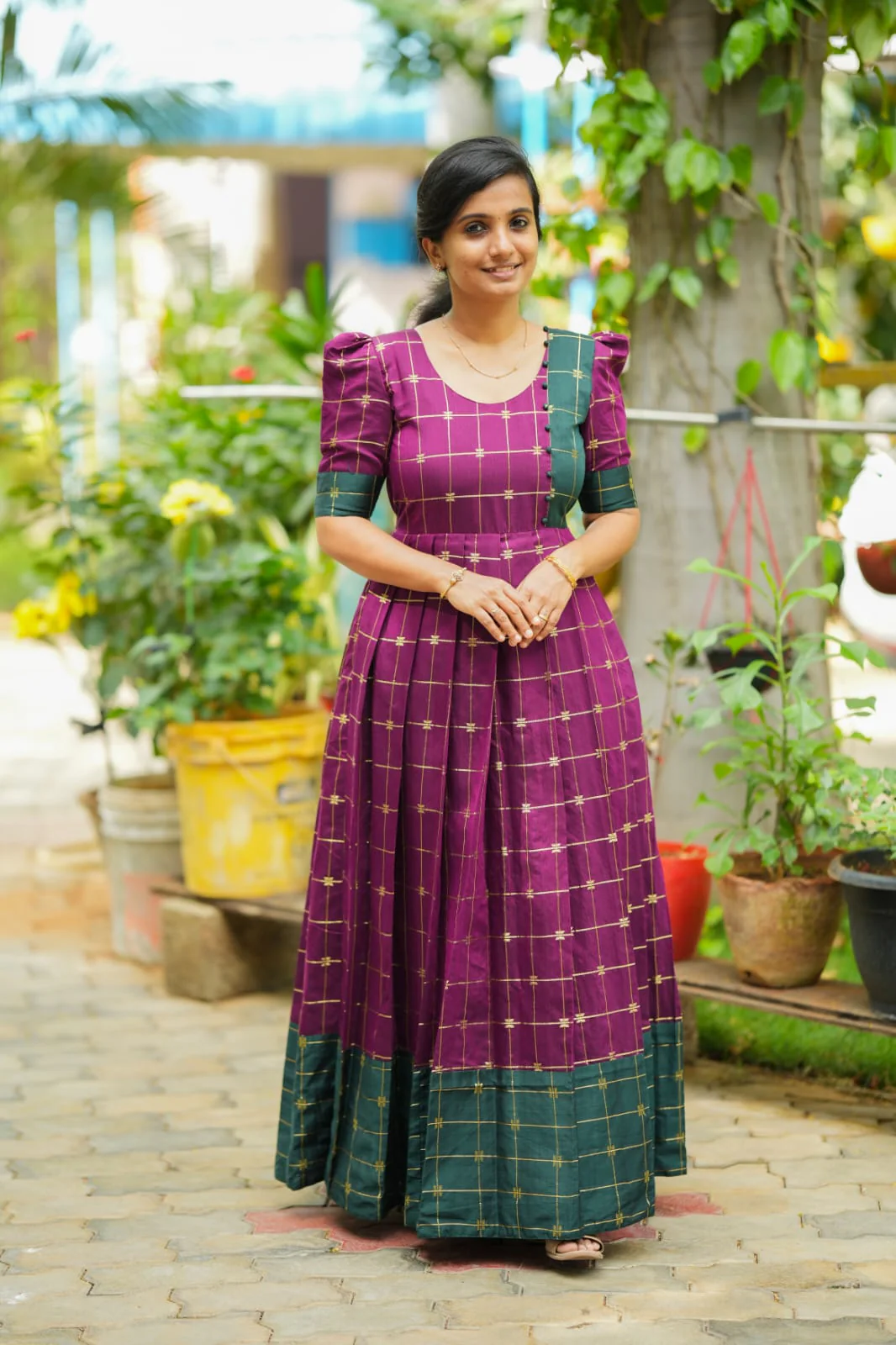 Beautiful Maroon And Teal Checked Maxi Dress In Soft Cotton, Best Traditional Wear In Tirur