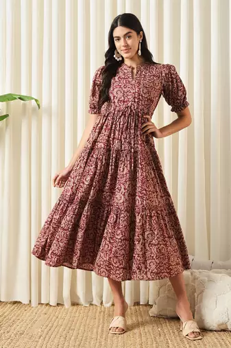 maroon printed midi dress, Western Wear In Tirur